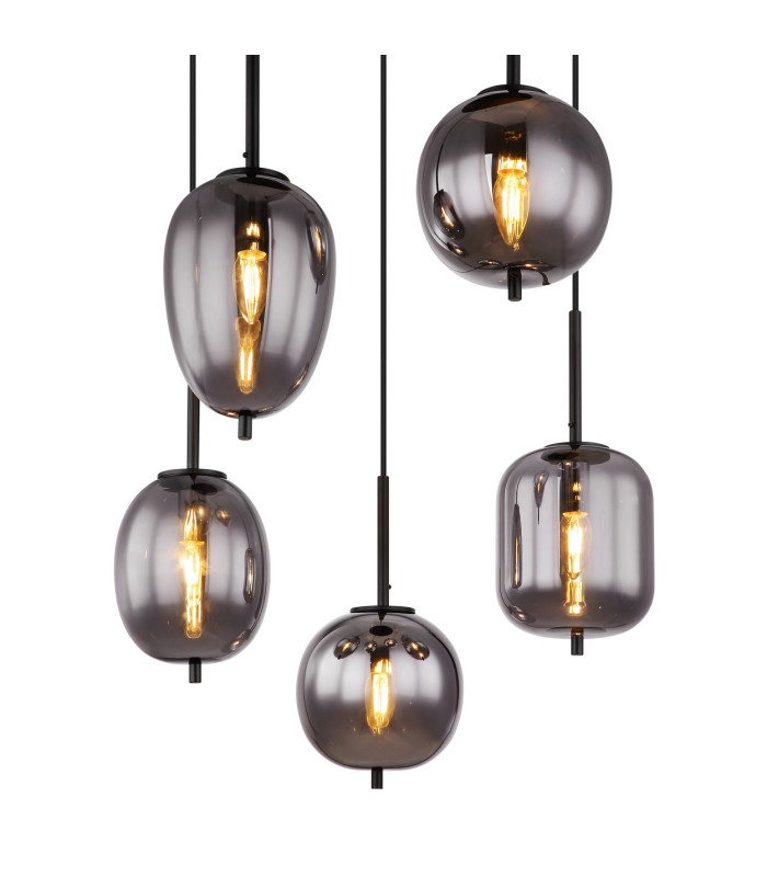Blacky Cluster Pendant Ceiling Light Matt Black Smoke Glass Shade 5x E14-3