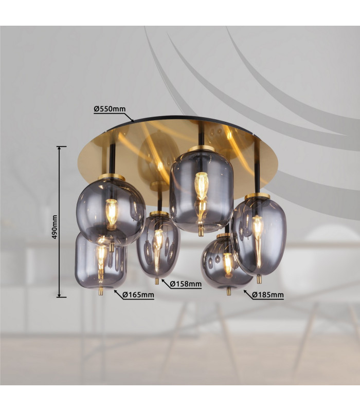 Blacky I Globe Ceiling Light Brass-Coloured Matt Smoke Glass Shade 6x E14-6