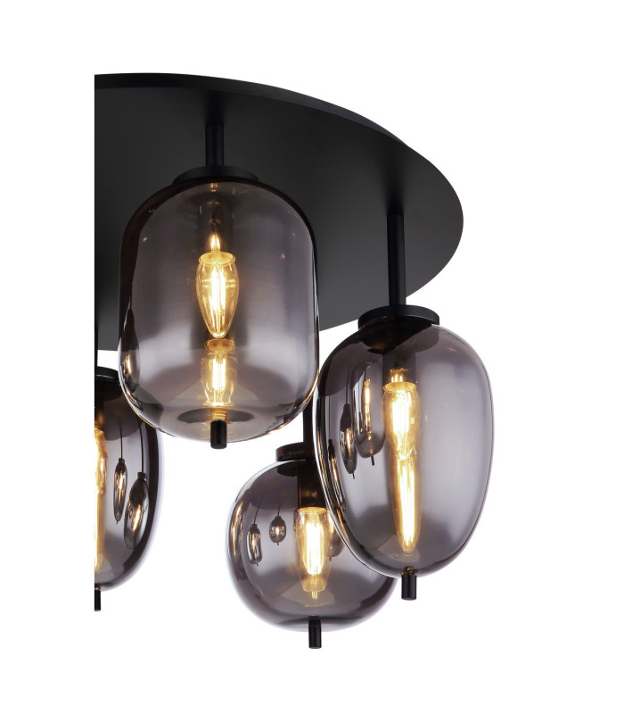Blacky Globe Ceiling Light Matt Black Smoke Glass Shade 6x E14-3