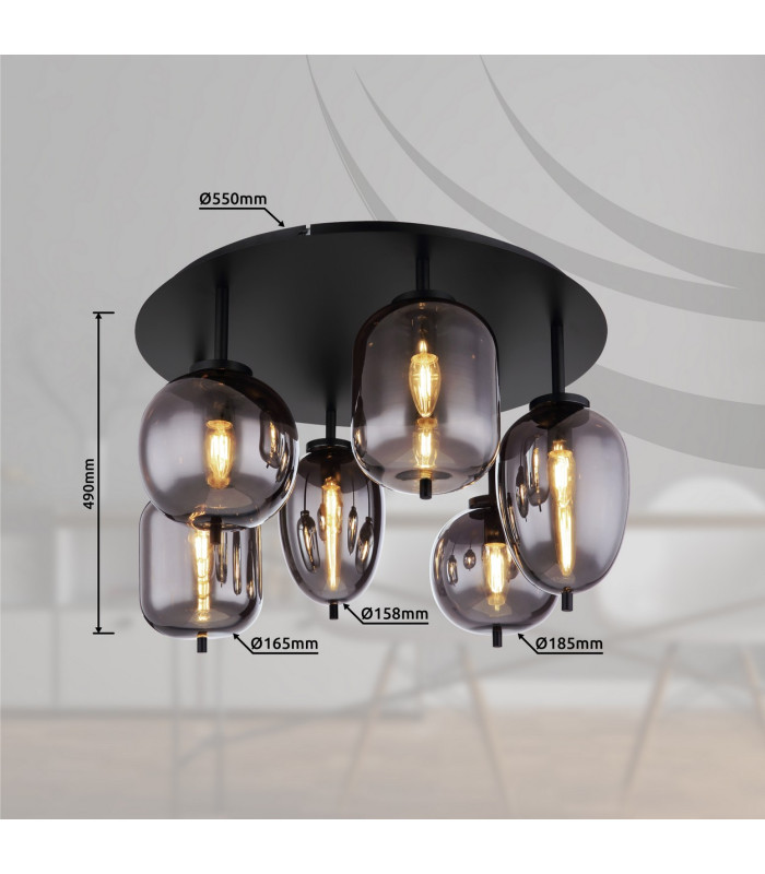 Blacky Globe Ceiling Light Matt Black Smoke Glass Shade 6x E14-6