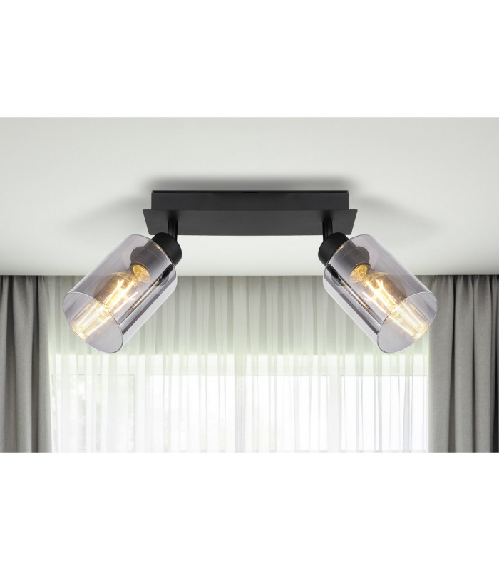 Hadera Twin Ceiling Spotlight Matt Black Smoke Glass Shade 2x E27-11