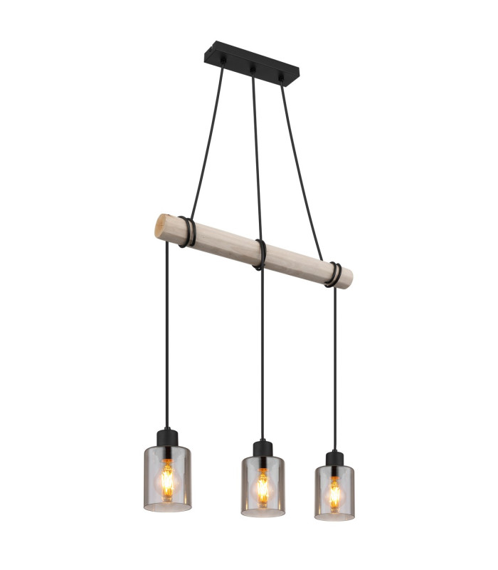Hadera Bar Pendant Ceiling Light Matt Black Smoke Glass Shade 3x E27-1