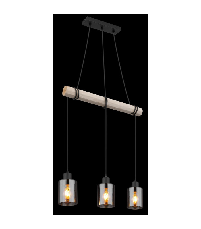 Hadera Bar Pendant Ceiling Light Matt Black Smoke Glass Shade 3x E27-5