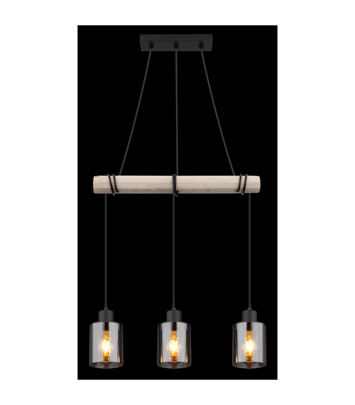 Hadera Bar Pendant Ceiling Light Matt Black Smoke Glass Shade 3x E27-6