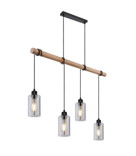 Hadera Wood Bar Pendant Ceiling Light Matt Black Smoke Glass Shade 4x E27-1