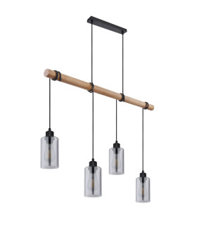 Hadera Wood Bar Pendant Ceiling Light Matt Black Smoke Glass Shade 4x E27-2