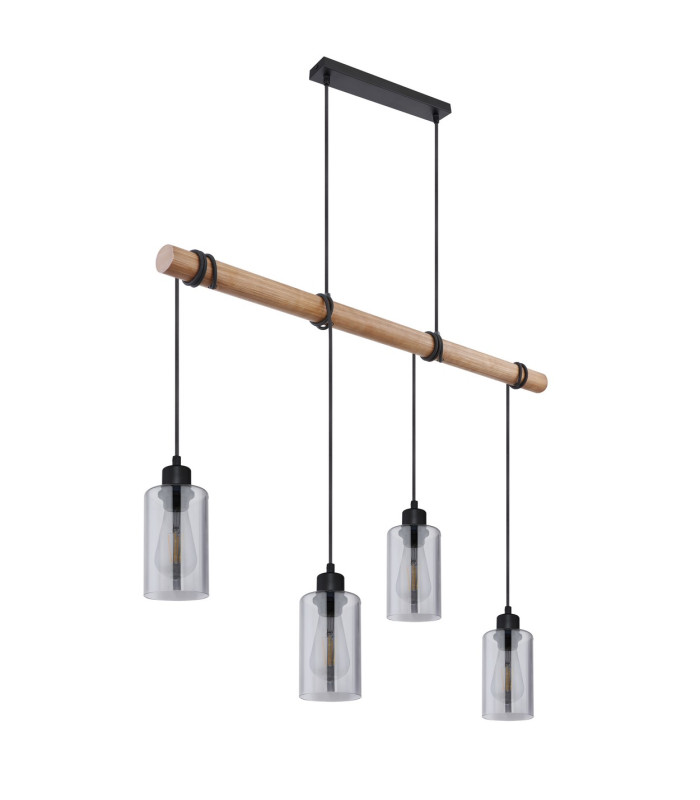 Hadera Wood Bar Pendant Ceiling Light Matt Black Smoke Glass Shade 4x E27-2