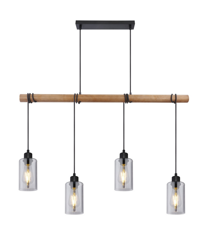 Hadera Wood Bar Pendant Ceiling Light Matt Black Smoke Glass Shade 4x E27-3