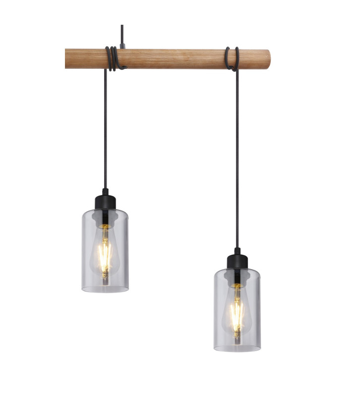 Hadera Wood Bar Pendant Ceiling Light Matt Black Smoke Glass Shade 4x E27-4