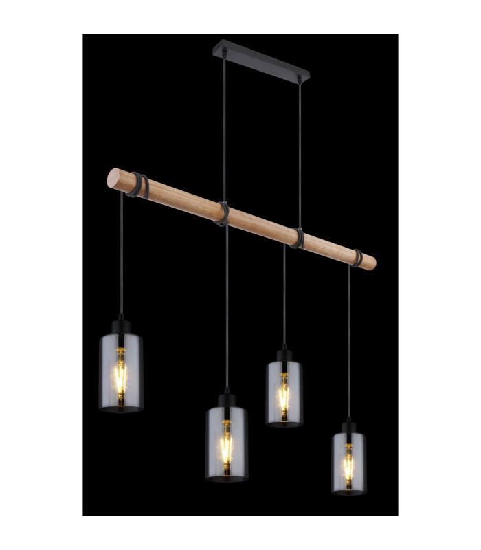 Hadera Wood Bar Pendant Ceiling Light Matt Black Smoke Glass Shade 4x E27-5