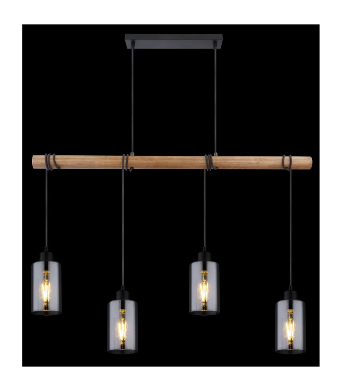 Hadera Wood Bar Pendant Ceiling Light Matt Black Smoke Glass Shade 4x E27-6