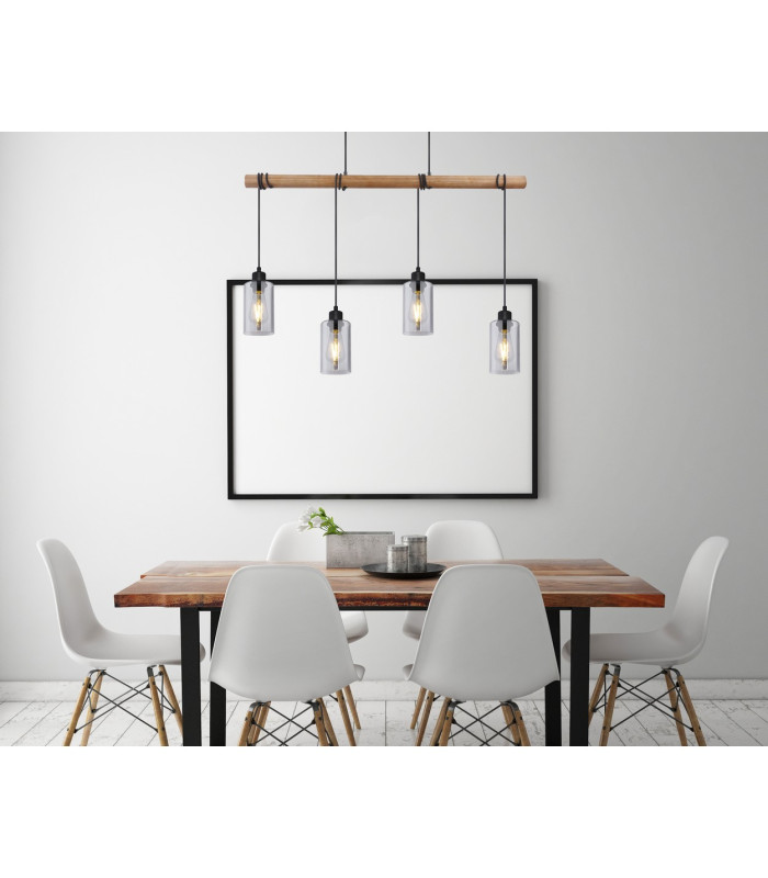 Hadera Wood Bar Pendant Ceiling Light Matt Black Smoke Glass Shade 4x E27-7