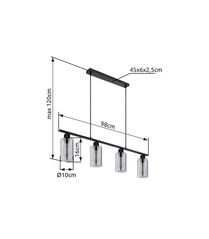 Hadera Bar Pendant Ceiling Light Matt Black Smoke Glass Shade 4x E27-9