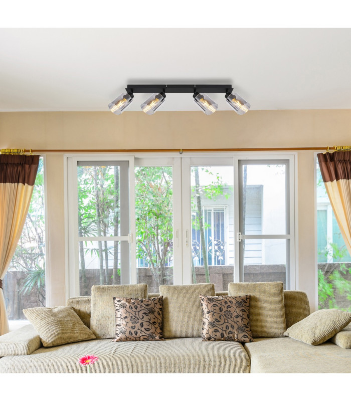 Hadera Ceiling Spotlight Bar Matt Black Smoke Glass Shade 4x E27-8