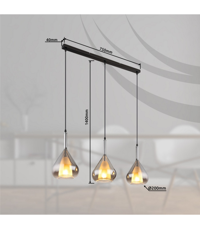 Geeky Bar Pendant Ceiling Light Matt Black Smoke Glass Shade 3x E27-6