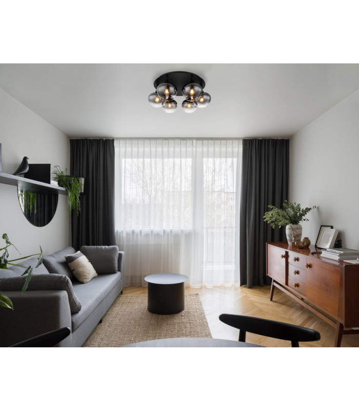 Maxy Globe Ceiling Light Matt Black Smoke Glass Shade 6x E27-4