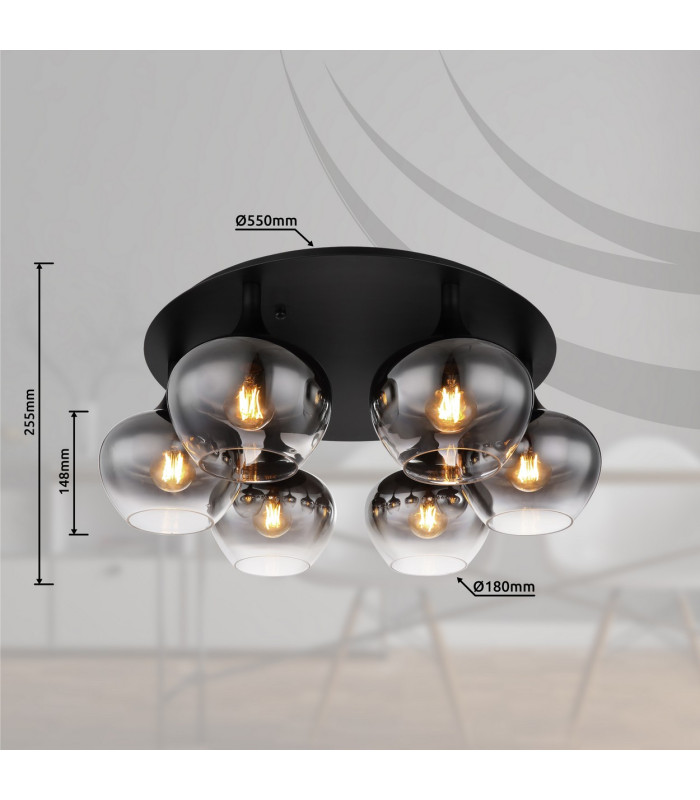Maxy Globe Ceiling Light Matt Black Smoke Glass Shade 6x E27-5