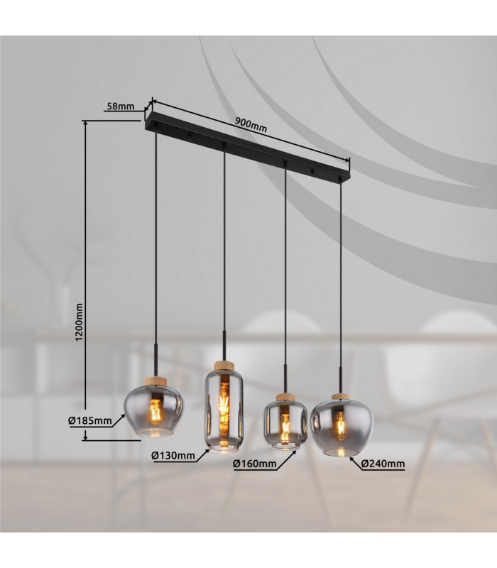 Matt Bar Pendant Ceiling Light Matt Black Smoke Glass Shade 4x E27-7
