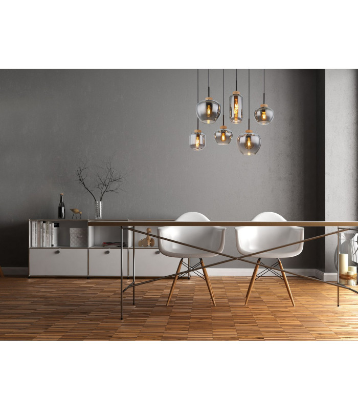Matt Cluster Pendant Ceiling Light Matt Black Brown Smoke Glass Shade 6x E27-5