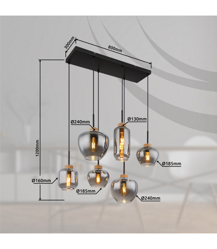 Matt Cluster Pendant Ceiling Light Matt Black Brown Smoke Glass Shade 6x E27-7