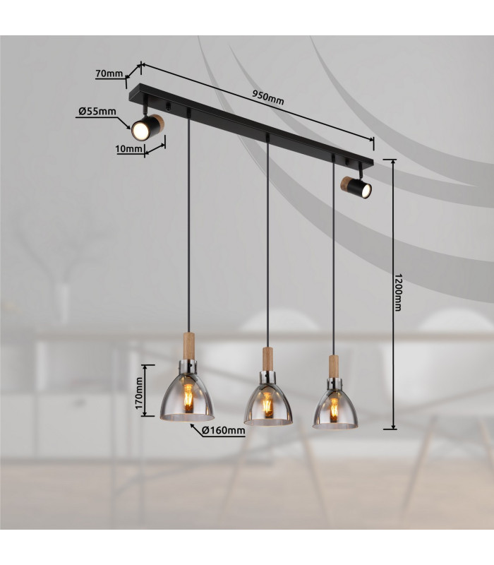 Mattea Bar Pendant Ceiling Light Matt Black Smoke Glass Shade 3x E27-6