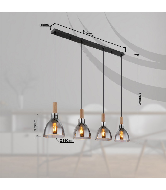 Mattea Bar Pendant Ceiling Light Matt Black Smoke Glass Shade 4x E27-6