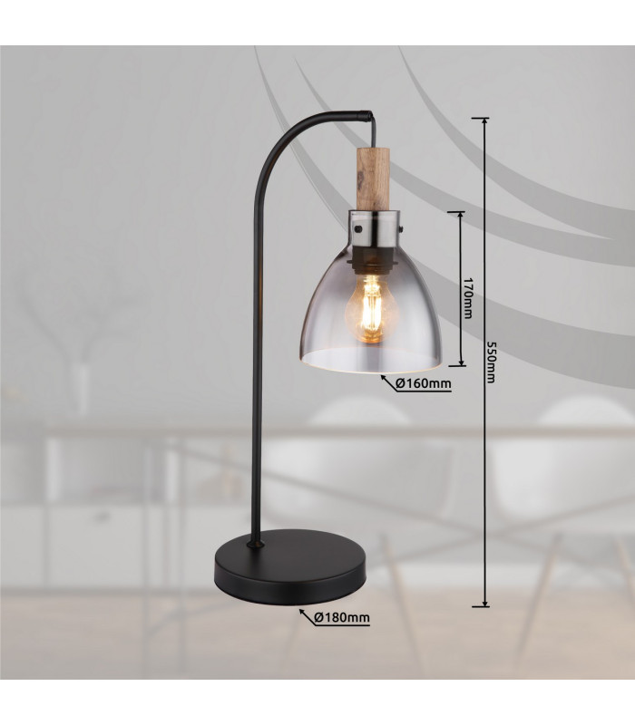 Mattea Bedside Table Lamp Matt Black Smoke Glass Shade 1x E27-5