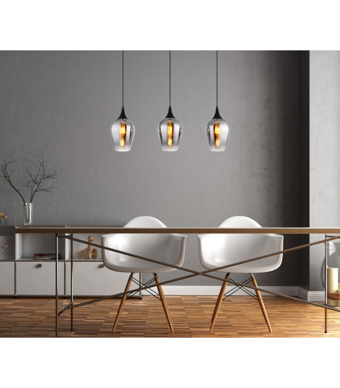 Lavus Bar Pendant Ceiling Light Matt Black Smoke Glass Shade 3x E27-5