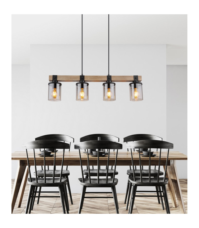 Lila Bar Pendant Ceiling Light Matt Black Smoke Glass Shade 4x E27-11
