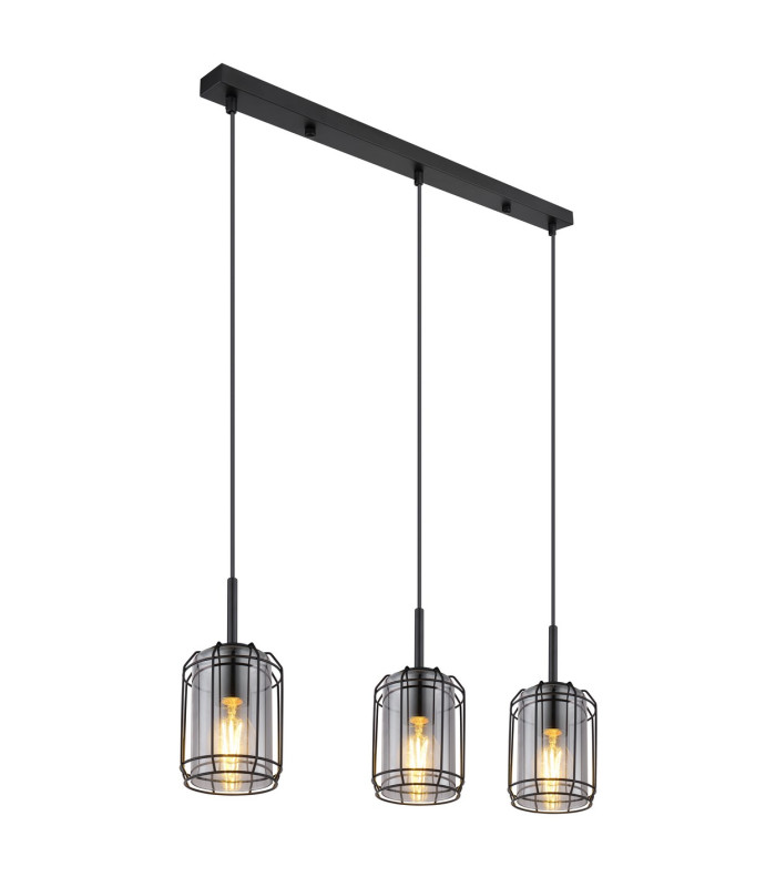 Kammi Bar Pendant Ceiling Light Matt Black Smoke Glass Shade 3x E27-1