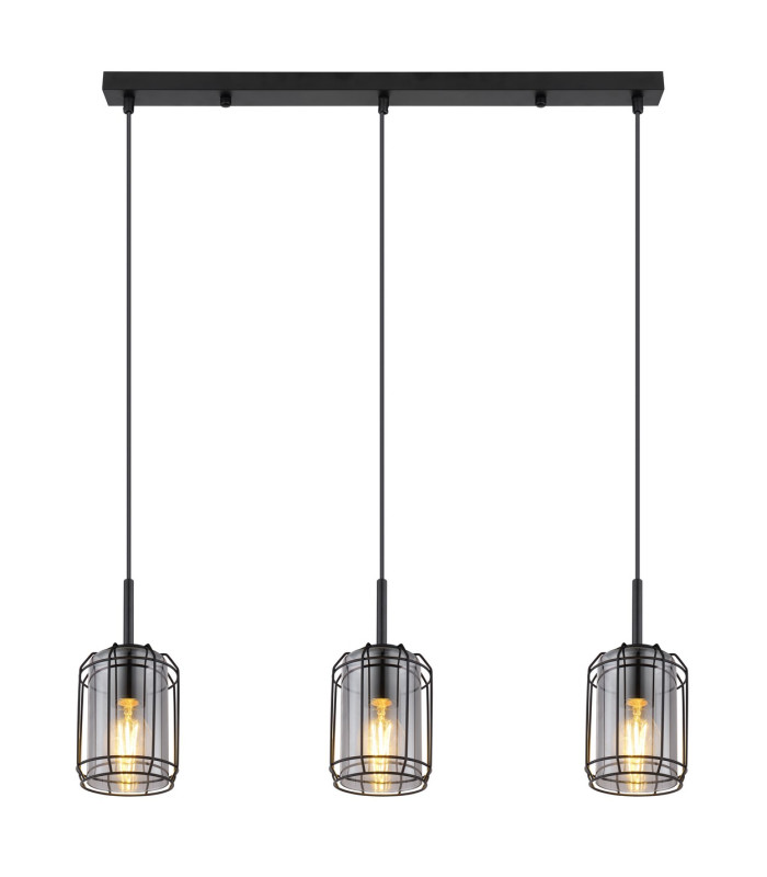 Kammi Bar Pendant Ceiling Light Matt Black Smoke Glass Shade 3x E27-3