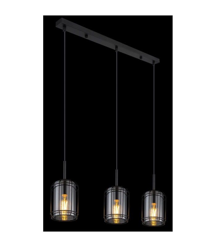 Kammi Bar Pendant Ceiling Light Matt Black Smoke Glass Shade 3x E27-5