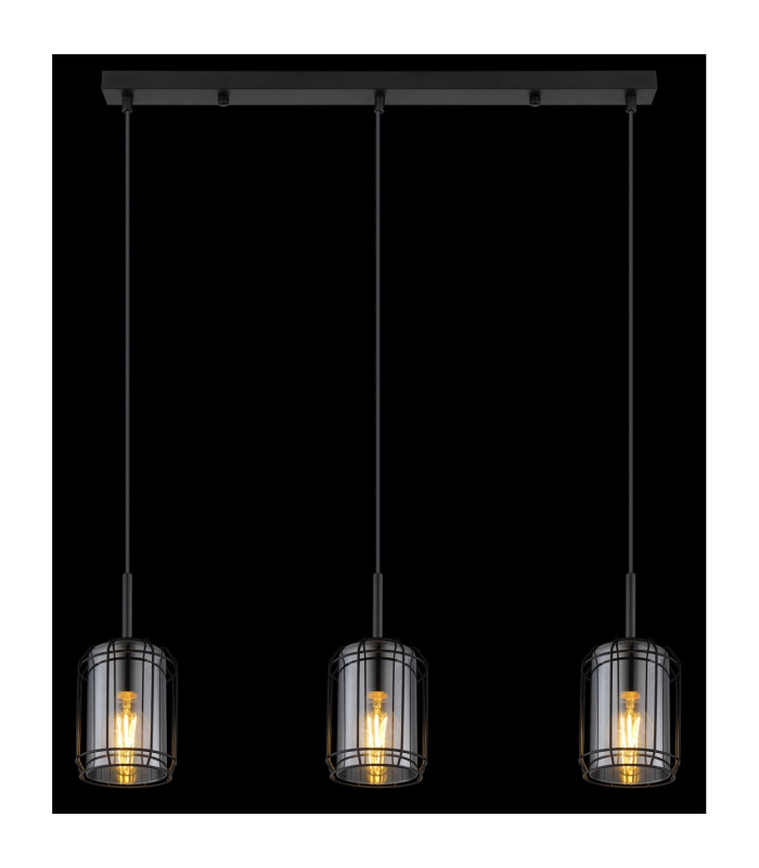 Kammi Bar Pendant Ceiling Light Matt Black Smoke Glass Shade 3x E27-6