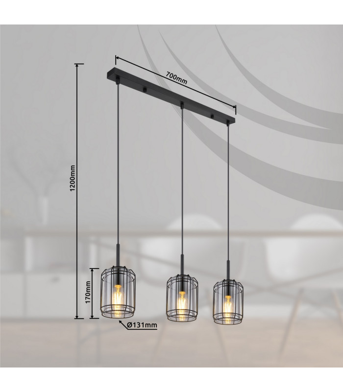 Kammi Bar Pendant Ceiling Light Matt Black Smoke Glass Shade 3x E27-8