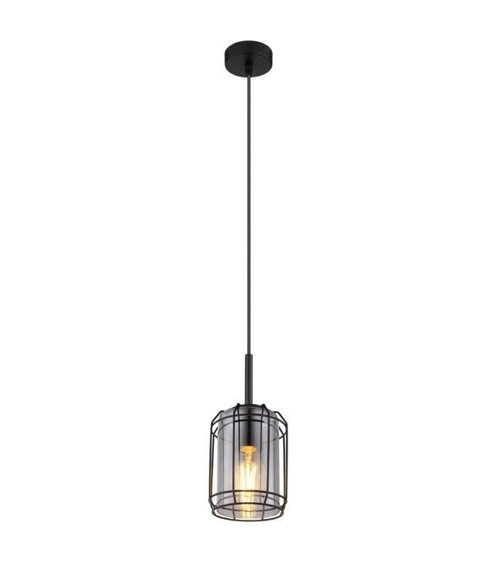 Kammi Wire Frame Pendant Ceiling Light Matt Black Smoke Glass Shade 1x E27-1