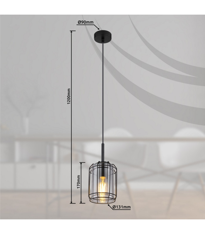Kammi Wire Frame Pendant Ceiling Light Matt Black Smoke Glass Shade 1x E27-6