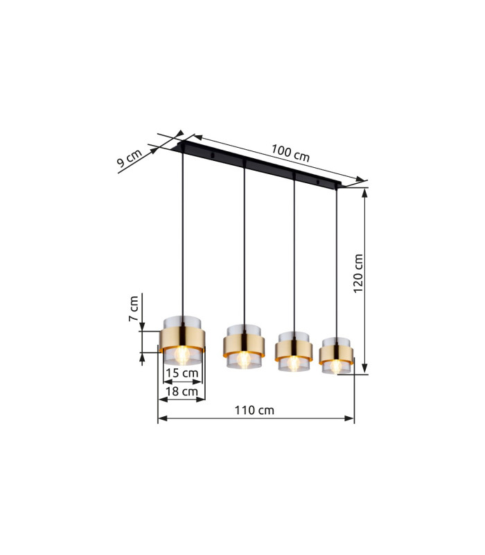 Milley Bar Pendant Ceiling Light Matt Black Glass Shade 4x E27-9