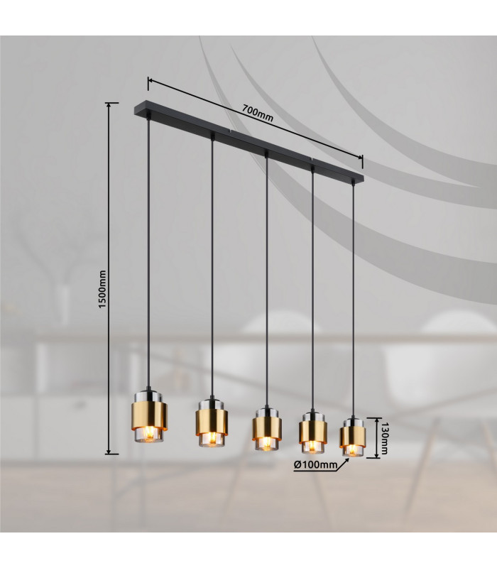 Milley Bar Pendant Ceiling Light Matt Black Smoke Glass Shade 5x E27-6