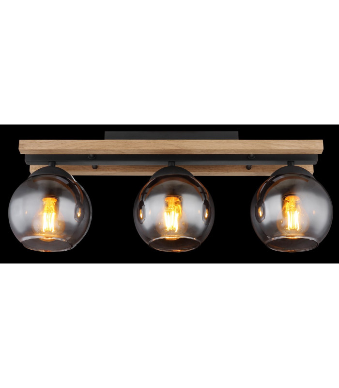 Conni Globe Ceiling Light Matt Black Wood Dark Brown Smoke Glass Shade 3x E27-5