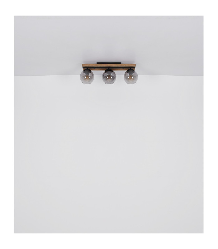 Conni Globe Ceiling Light Matt Black Wood Dark Brown Smoke Glass Shade 3x E27-8