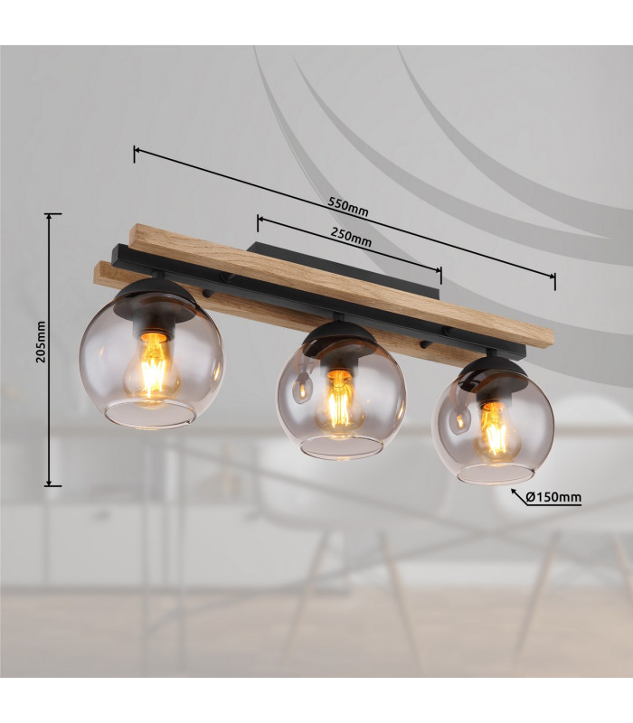 Conni Globe Ceiling Light Matt Black Wood Dark Brown Smoke Glass Shade 3x E27-10