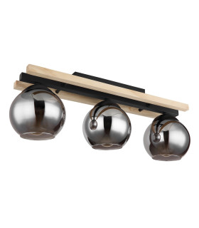 Conni Globe Ceiling Light Matt Black Wood Natural Brown Smoke Glass Shade 3x E27-2