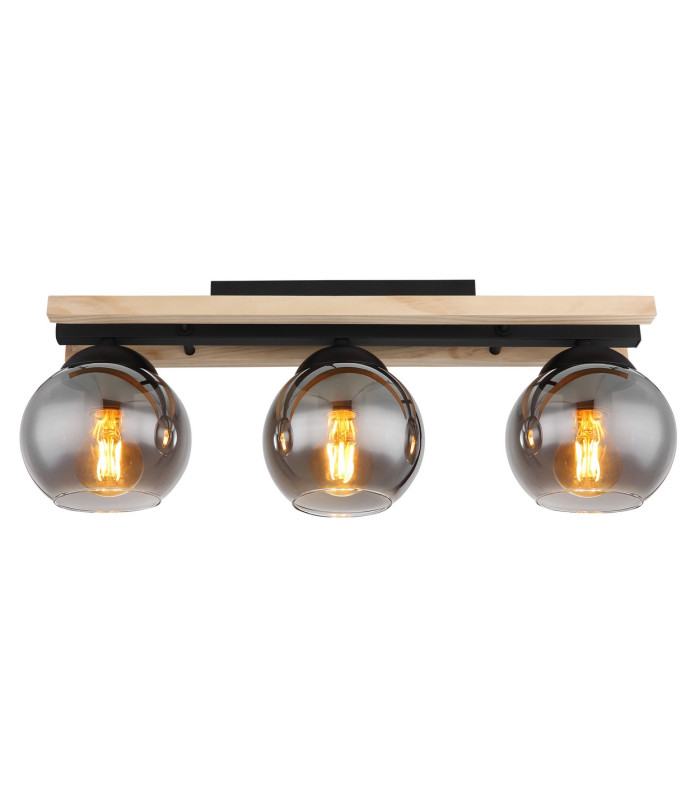 Conni Globe Ceiling Light Matt Black Wood Natural Brown Smoke Glass Shade 3x E27-3