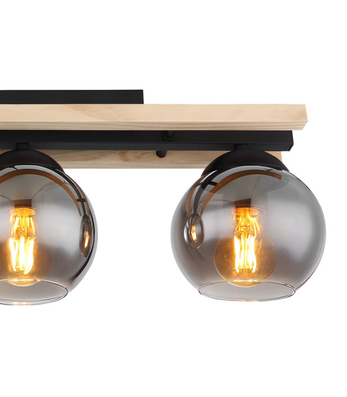 Conni Globe Ceiling Light Matt Black Wood Natural Brown Smoke Glass Shade 3x E27-4
