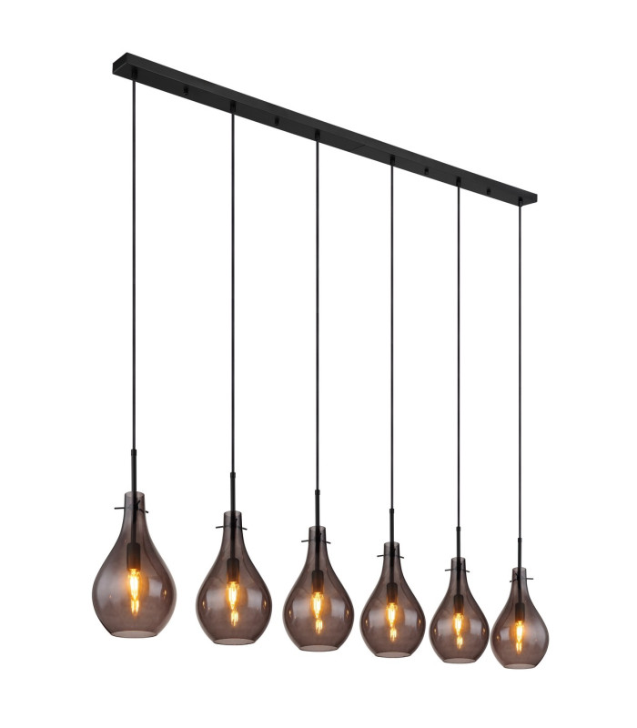 Oskus Bar Pendant Ceiling Light Matt Black Smoke Glass Shade 6x E14-1