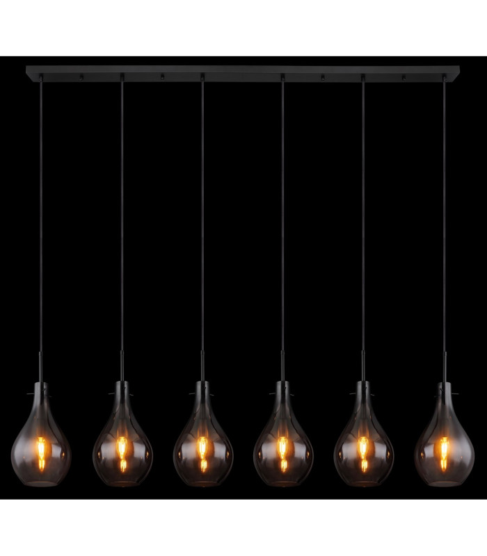 Oskus Bar Pendant Ceiling Light Matt Black Smoke Glass Shade 6x E14-6