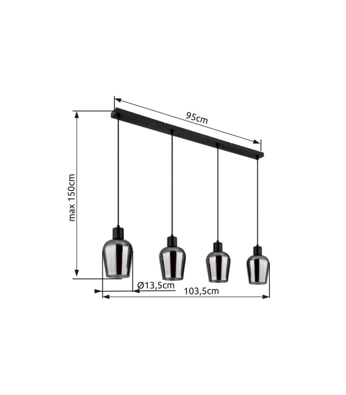 Ryan Bar Pendant Ceiling Light Matt Black Smoke Glass Shade 4x E27-6