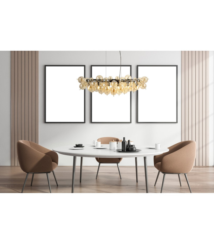 Udo Bar Pendant Ceiling Light Matt Black Balls Amber Glass Shade 6x E14-6