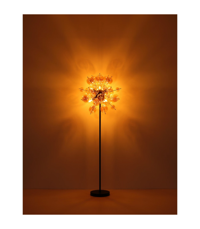 Udo Multi Arm Floor Lamp Matt Black Balls Amber Glass Shade 6x E14-6