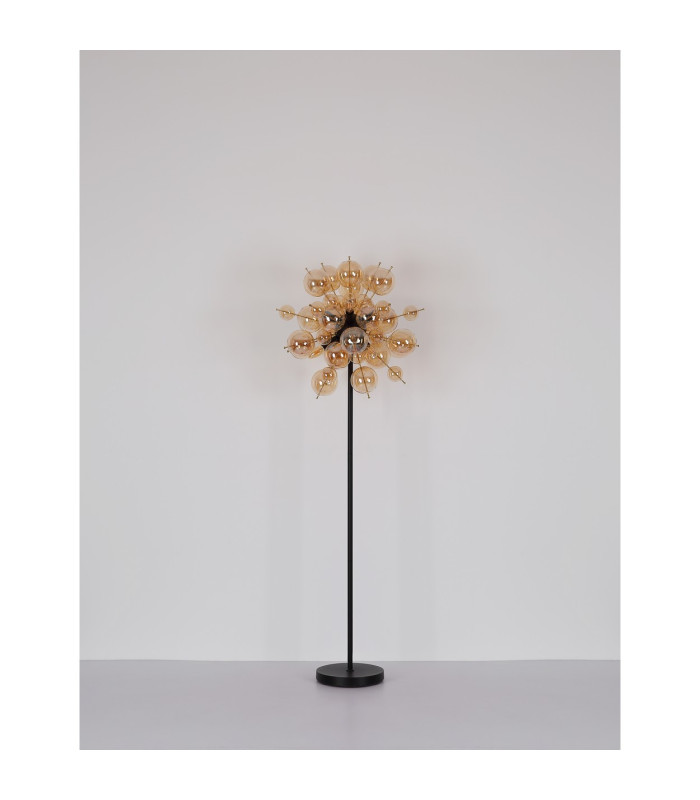Udo Multi Arm Floor Lamp Matt Black Balls Amber Glass Shade 6x E14-8